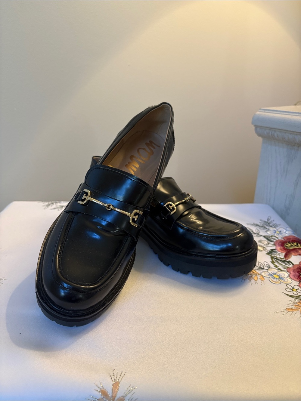Sam Edelman Black Leather Loafers with Gold Bit Hardware